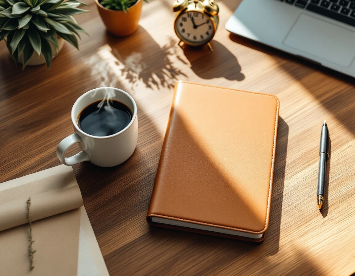 Organized desk workspace with leather planner, coffee, alarm clock, and laptop suggesting follow-up discipline