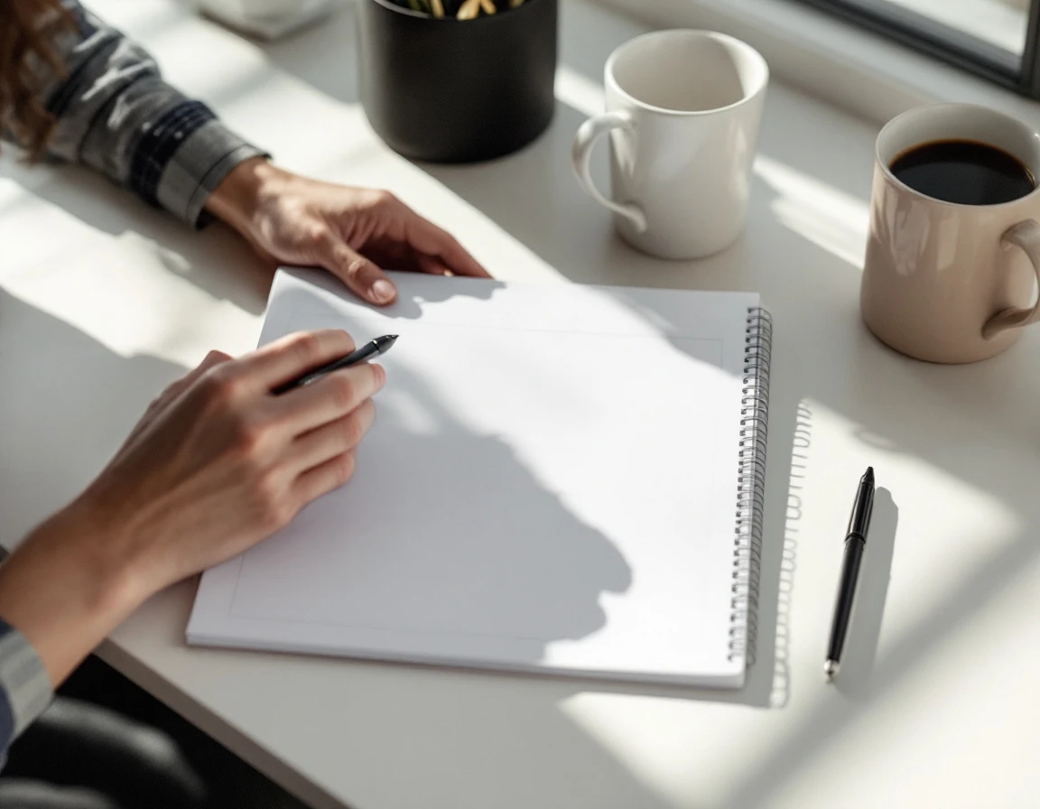Hands hovering over blank planner on office desk with coffee and pen, suggesting strategic outreach scheduling