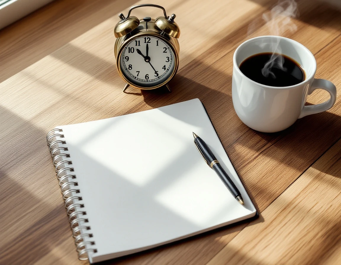 Clean desk workspace with blank notebook, pen, alarm clock, and coffee mug for scheduling outreach activities