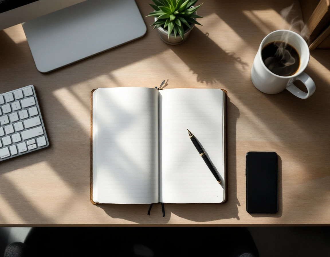 Overhead view of blank notebook and pen on wooden desk with morning coffee in organized workspace