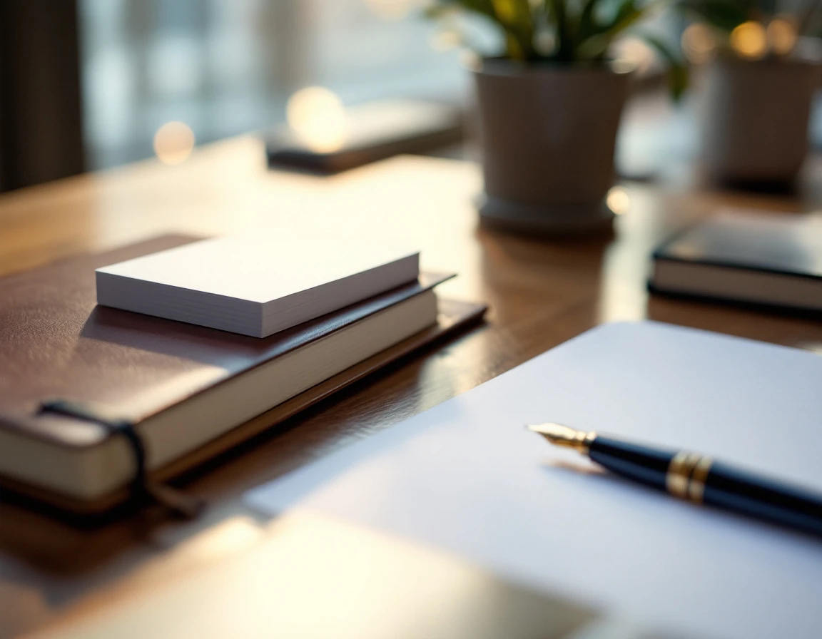 Organized business materials and notebook on a wooden desk with soft natural lighting