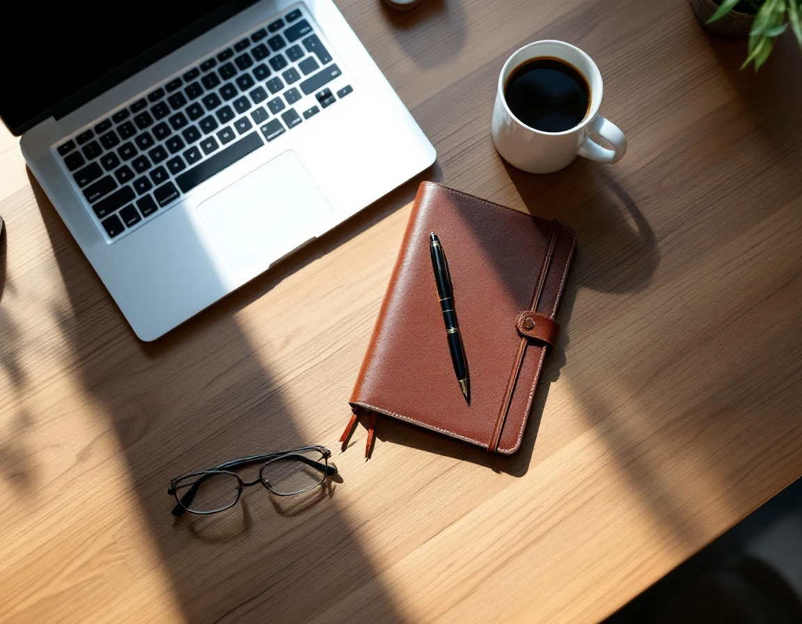 Organized desk with journal, laptop, and coffee representing methodical business planning and preparation