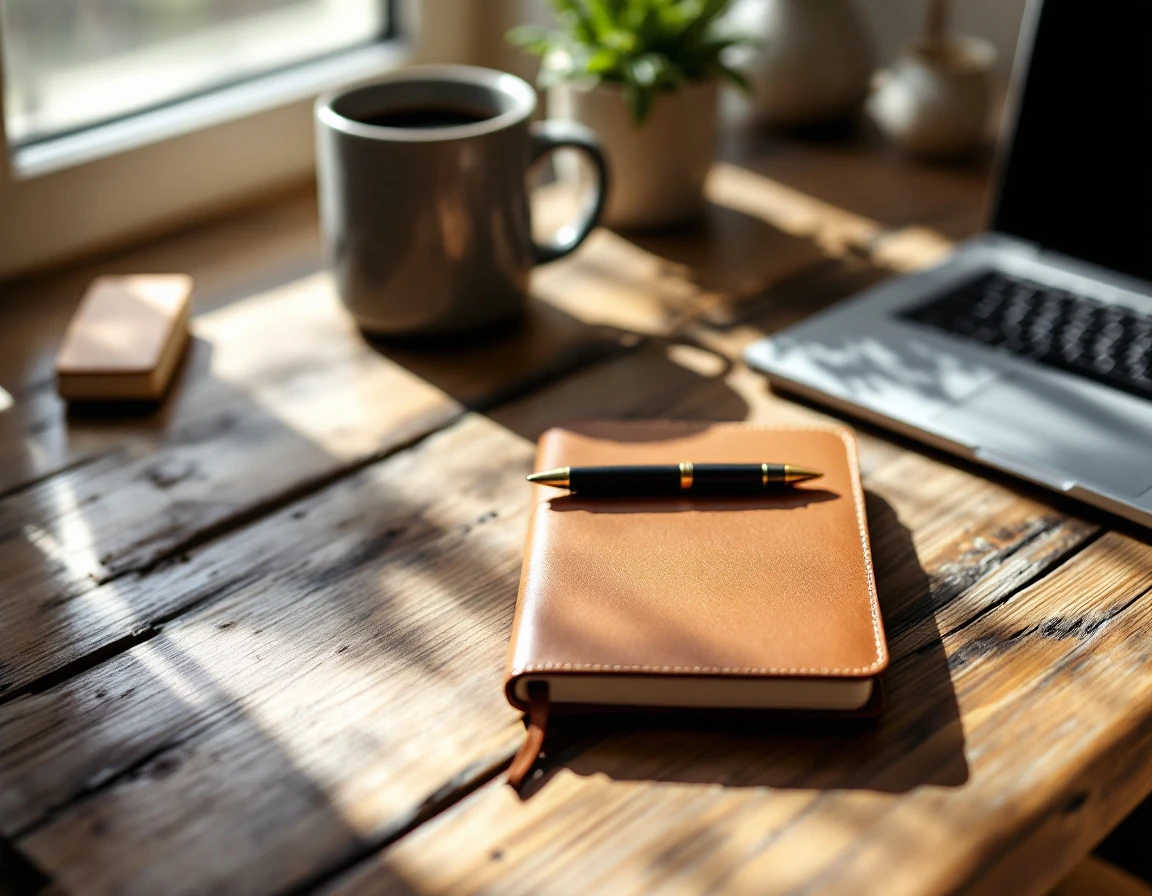 Closed notebook and pen on desk beside coffee mug in natural morning light