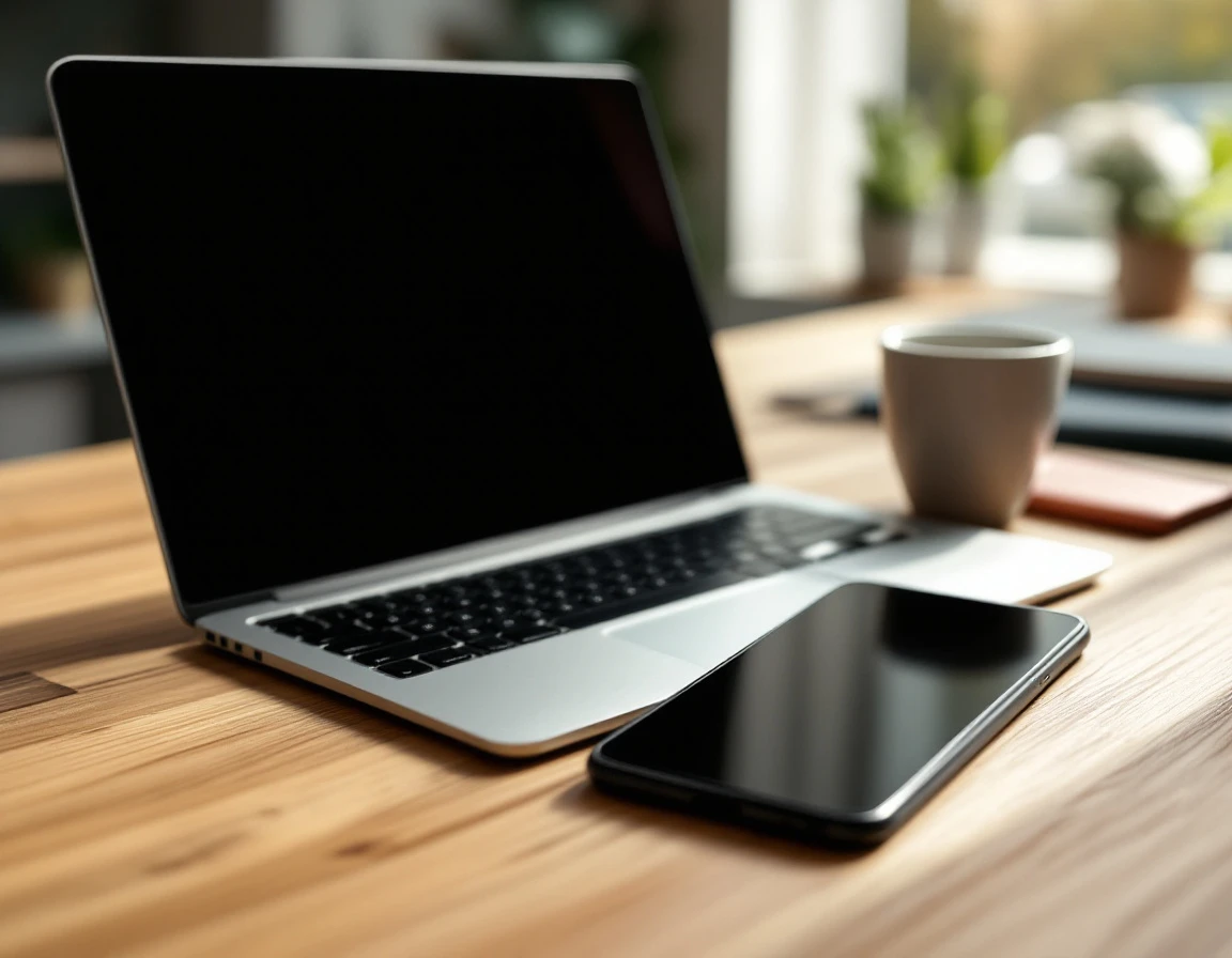 Laptop and smartphone with blank screens on wooden desk in natural window light