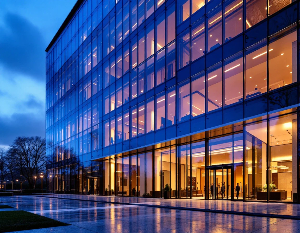 Modern commercial building entrance at twilight with glass facade and interior lighting visible through windows