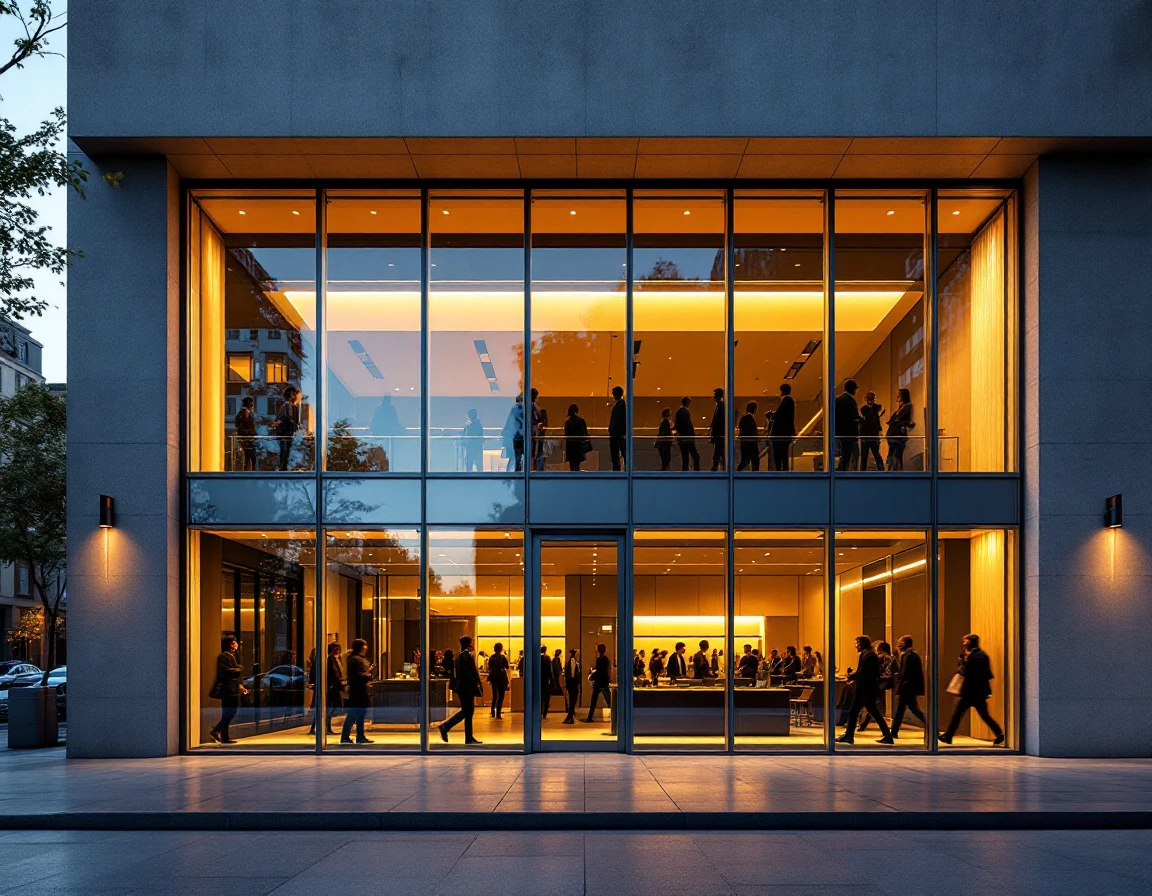 Modern commercial office building at dusk with transparent glass facade and warm interior lighting
