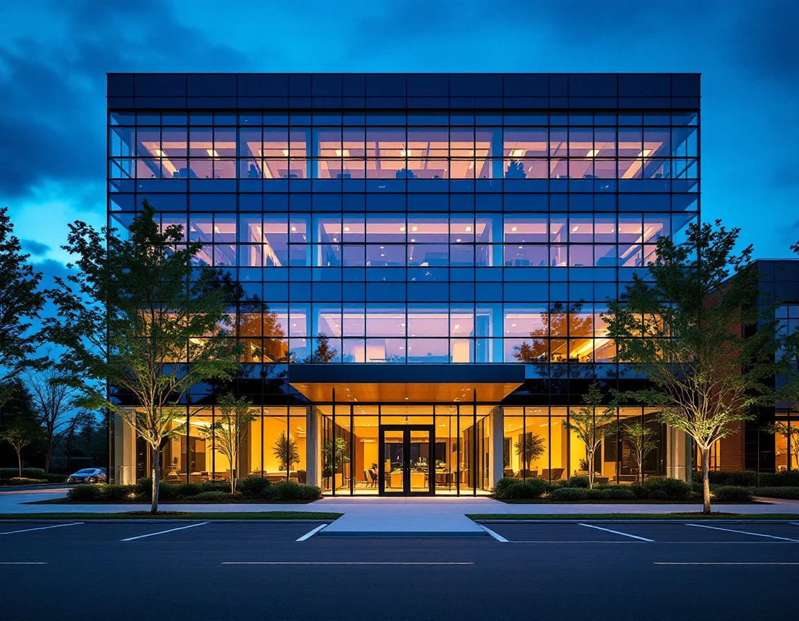 Modern commercial office building at twilight with illuminated windows and professional landscaping
