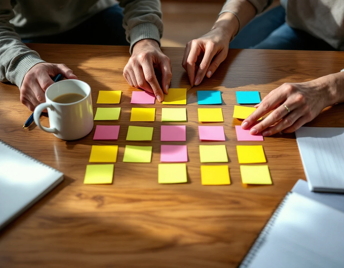 Hands organizing colorful sticky notes into a responsibility matrix on wooden desk during business planning