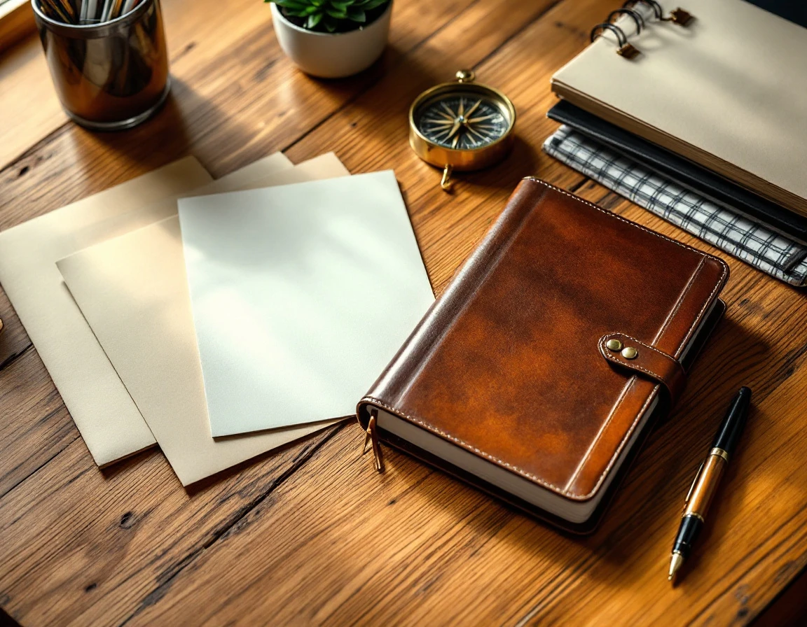 Organized wooden desk with leather journal, notebooks, compass, and pen for business planning
