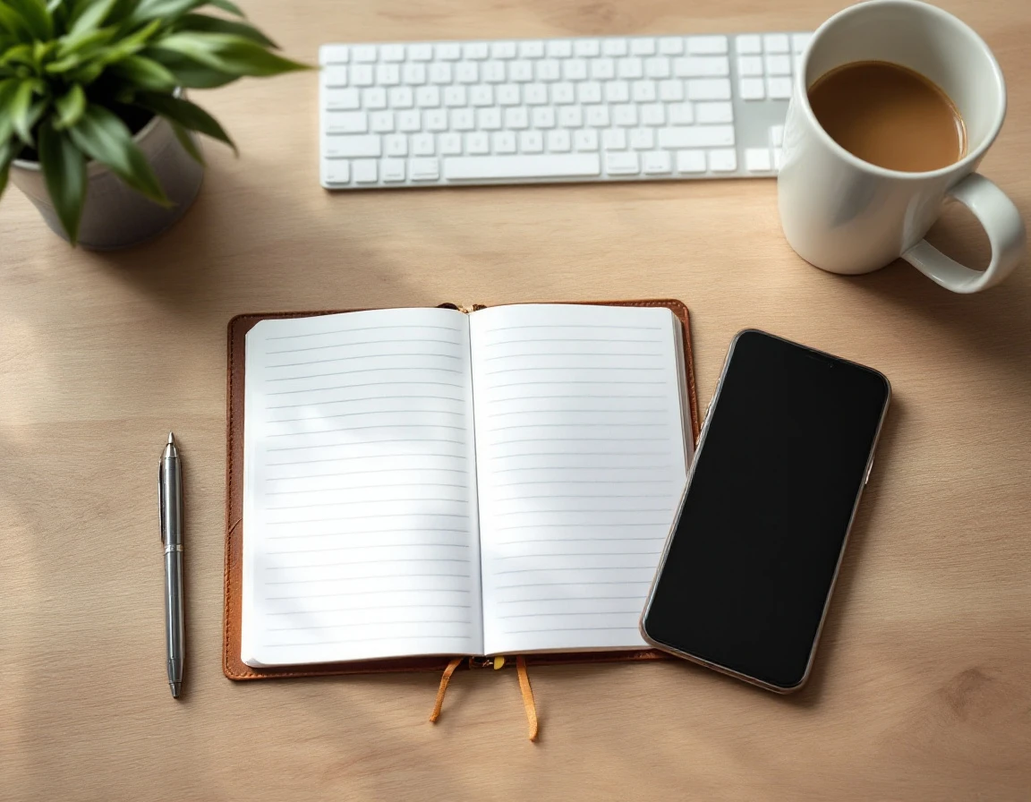Organized workspace with notebook and minimal clutter representing streamlined CRM workflow