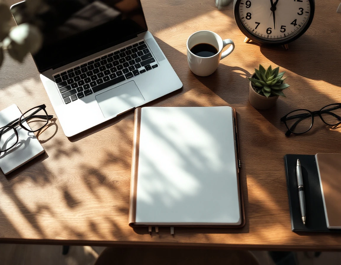 Organized home office desk with closed laptop, planner, and clock showing efficient time management