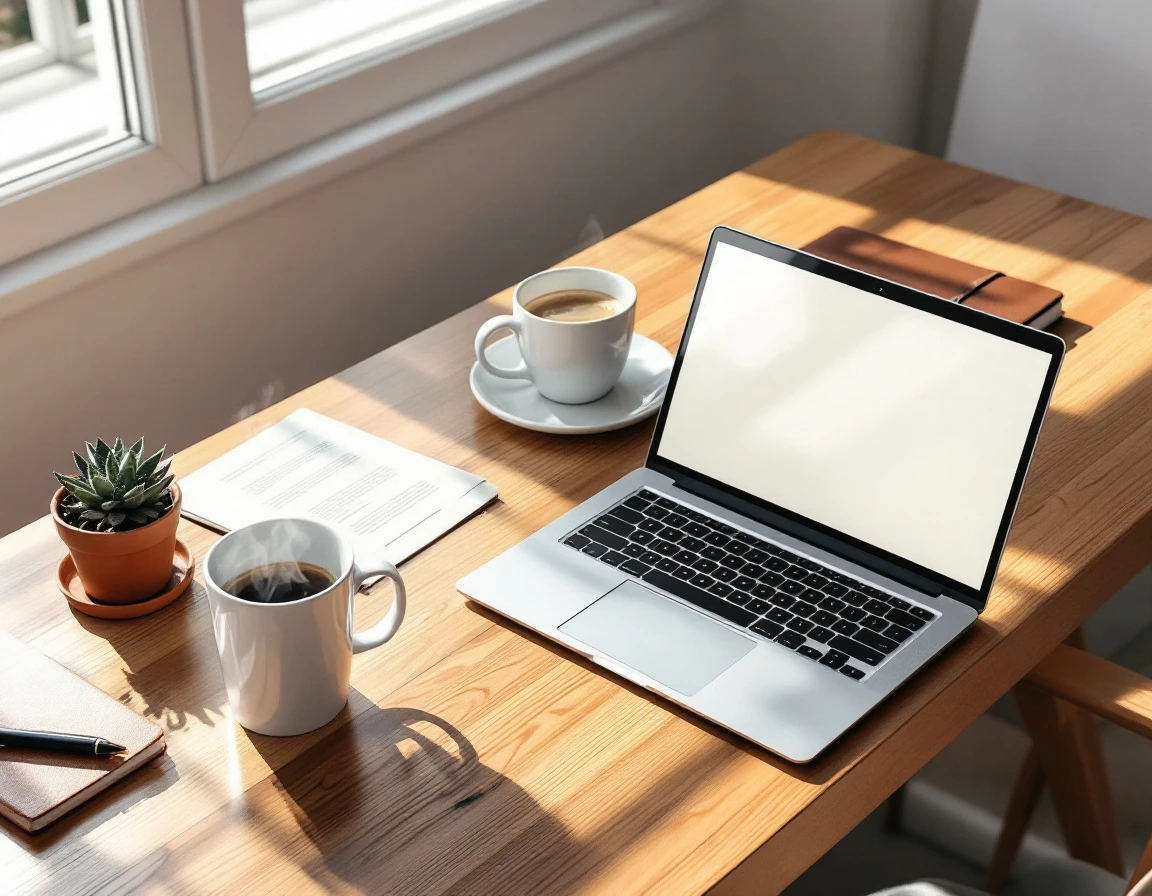 Organized desk workspace with laptop and coffee representing systematic contact management processes