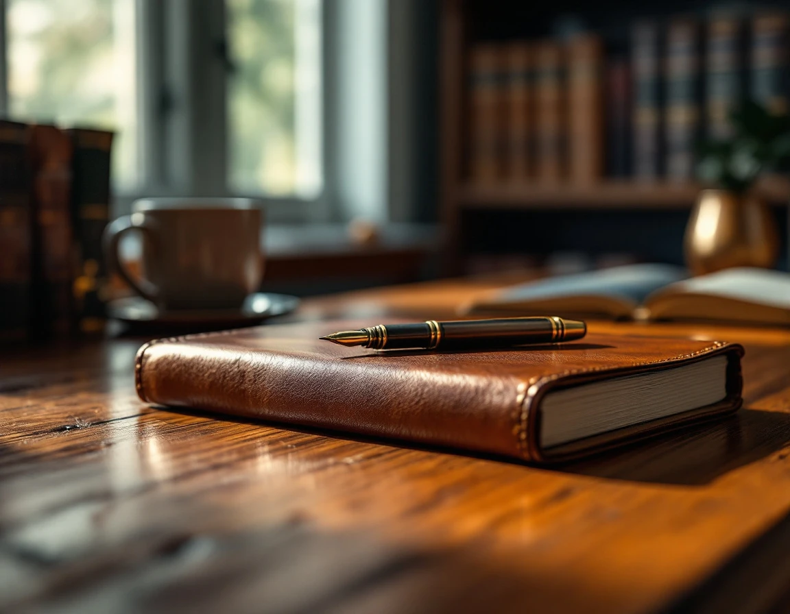 Leather journal and pen on wooden desk with morning light casting natural shadows