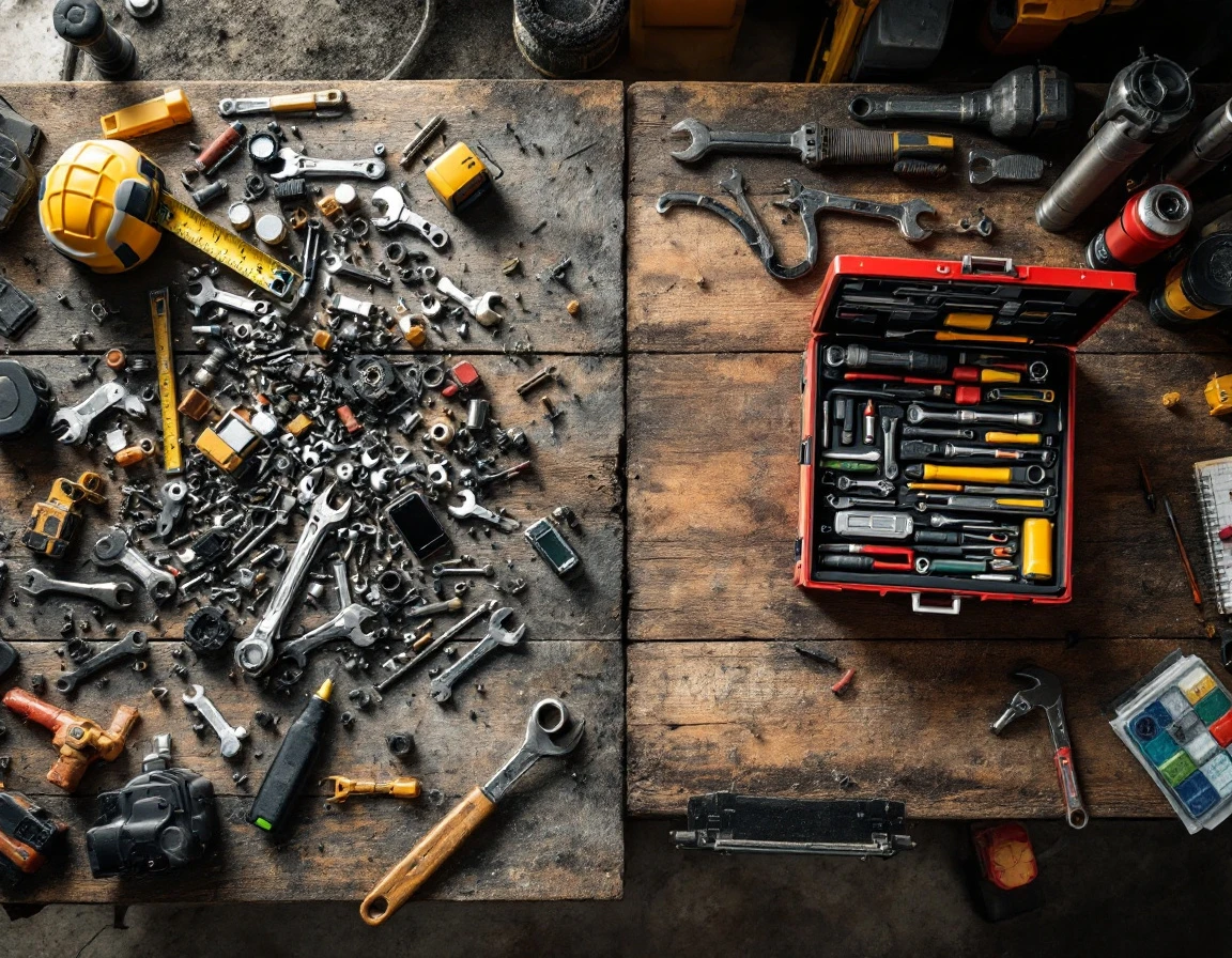 Cluttered scattered tools on left side versus organized unified toolkit on right side of workshop bench