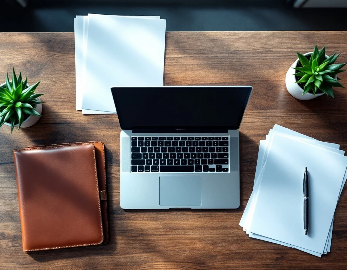 Overhead view of aluminum laptop surrounded by leather portfolios and business materials on wooden desk
