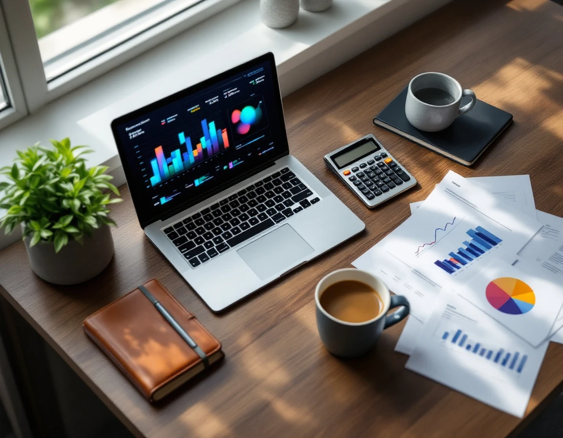 Modern business desk with laptop, coffee, and abstract analytics documents in professional workspace