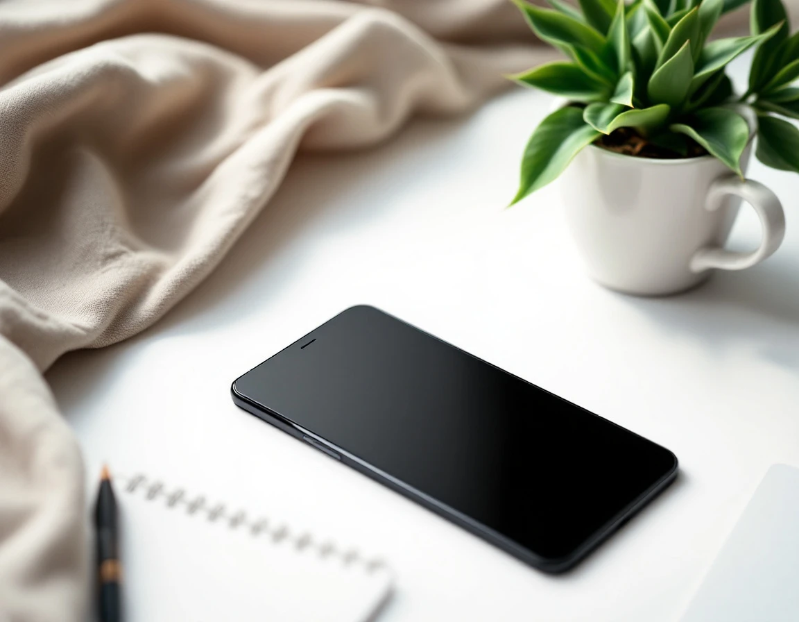 Smartphone with blank screen beside coffee cup on desk workspace showing consent-based automation tools at rest