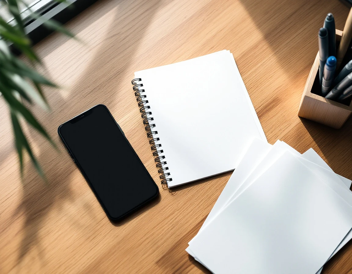 Minimalist workspace with blank notepad, smartphone, and wooden desk organizer on oak surface