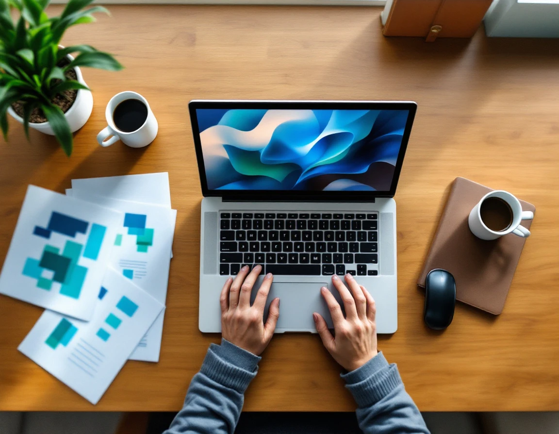 Professional desk workspace with laptop showing abstract analytics visualizations and sales workflow materials