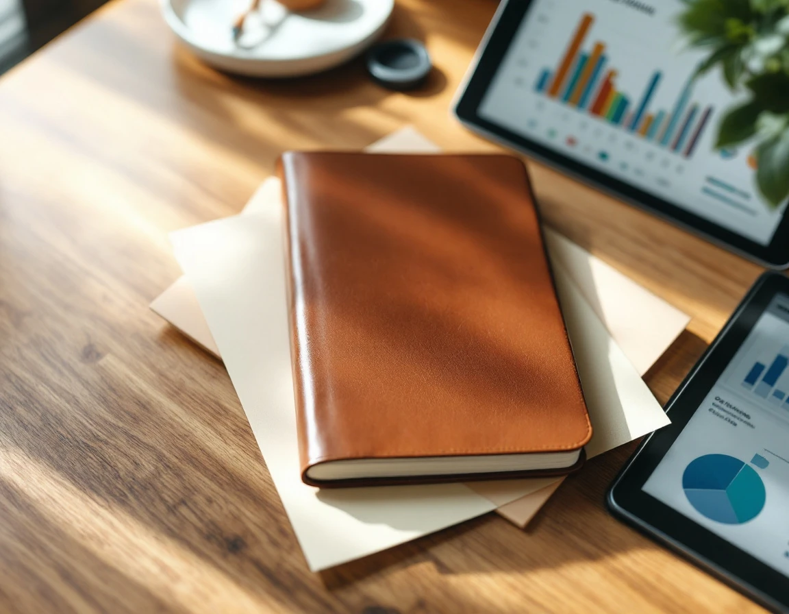 Flat-lay desk setup with leather journal, tablet, and paper notes for CRM data audit preparation
