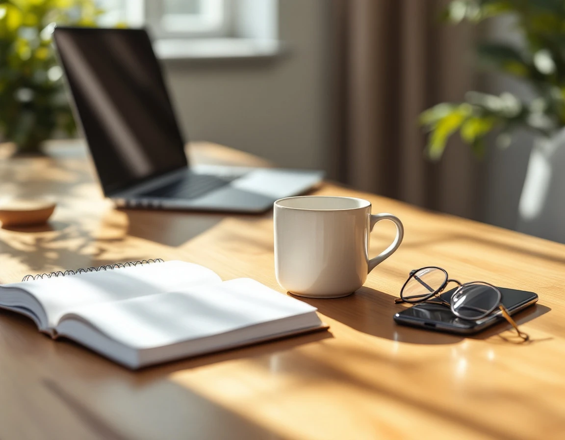 Organized workspace with laptop, notebook, coffee mug, and glasses on wooden desk in natural morning light