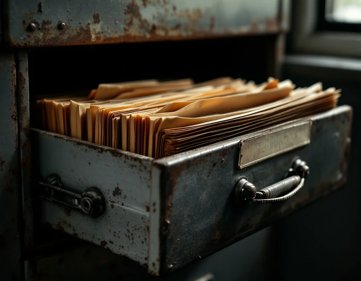 Dusty filing cabinet drawer with neglected folders showing signs of disuse and abandonment