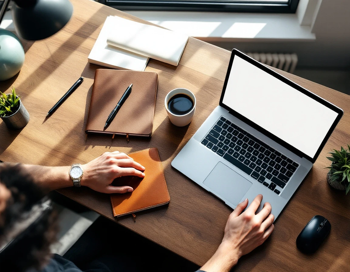 Organized desk workspace with laptop and minimal business tools arranged on wooden surface