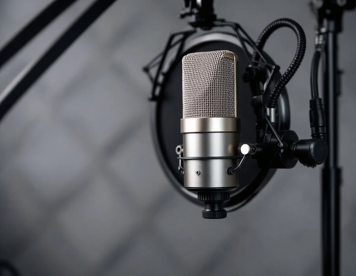 Professional studio microphone suspended in shock mount with XLR cable in content creation setup