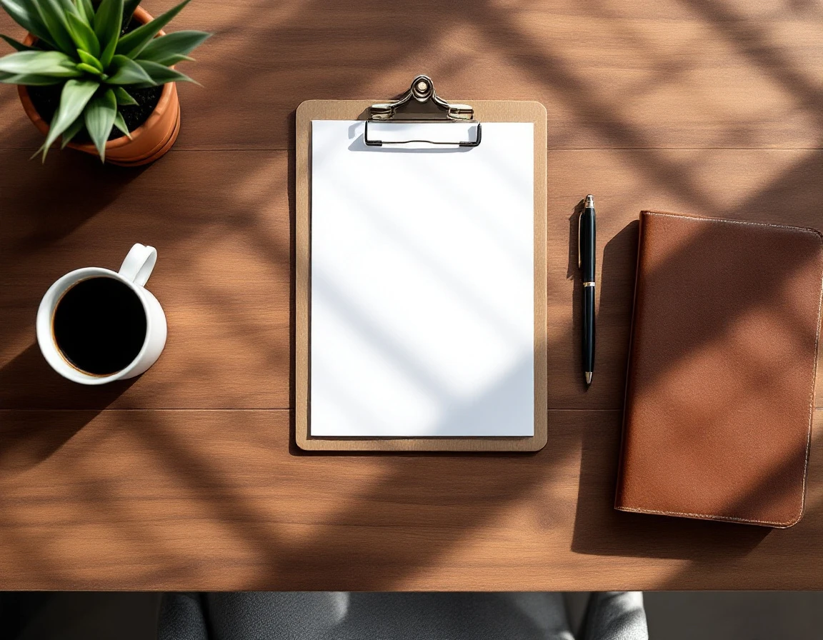 Organized desktop workspace with blank clipboard, coffee, notebook, and plant on wooden desk