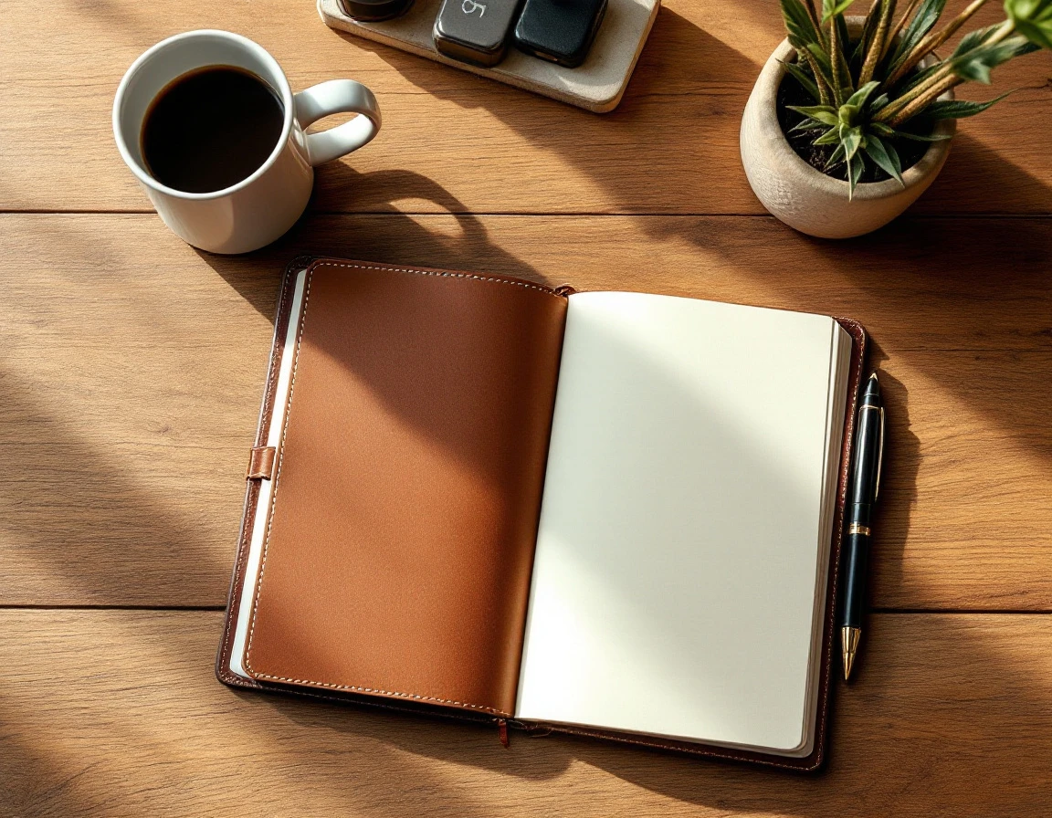 Clean notebook and coffee cup on wooden desk with morning light, suggesting preparation and planning