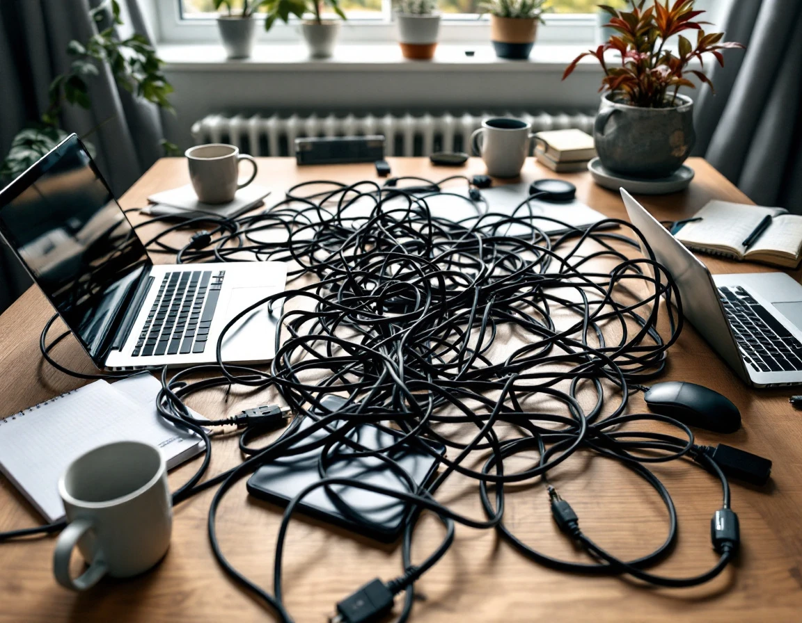 Tangled cables and cluttered desk workspace showing disconnected business tools and disorganized workflow