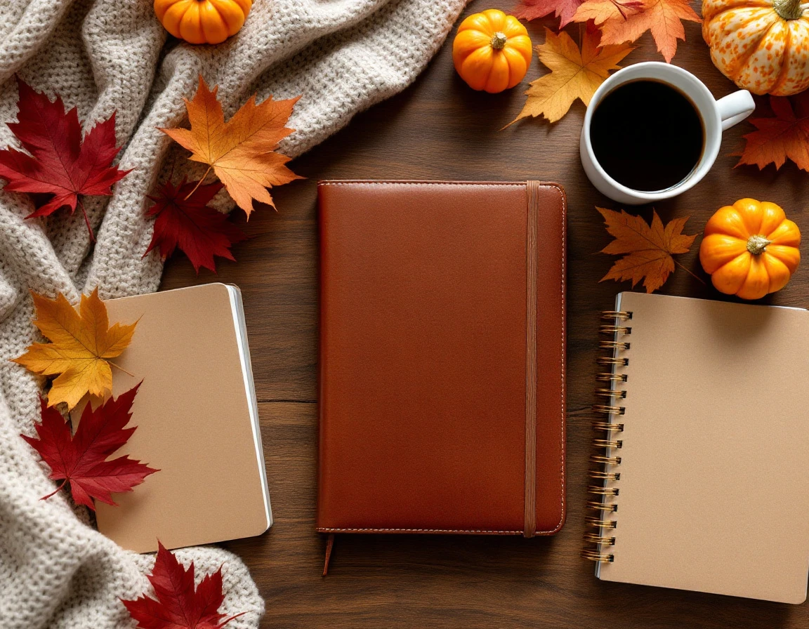 Autumn desk flatlay with closed planner, notebooks, coffee mug, and fall leaves arranged on wooden surface