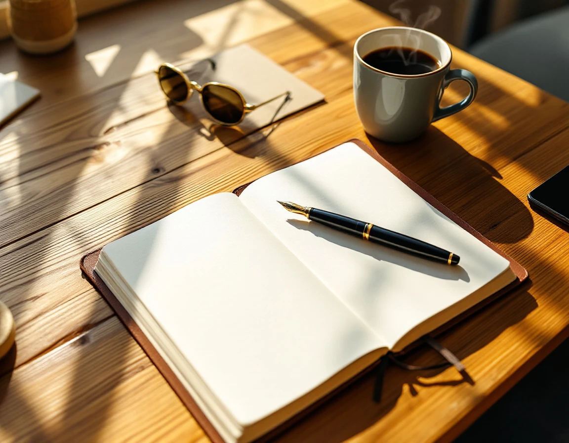 Organized workspace desk with notebook, pen, and coffee in natural morning light