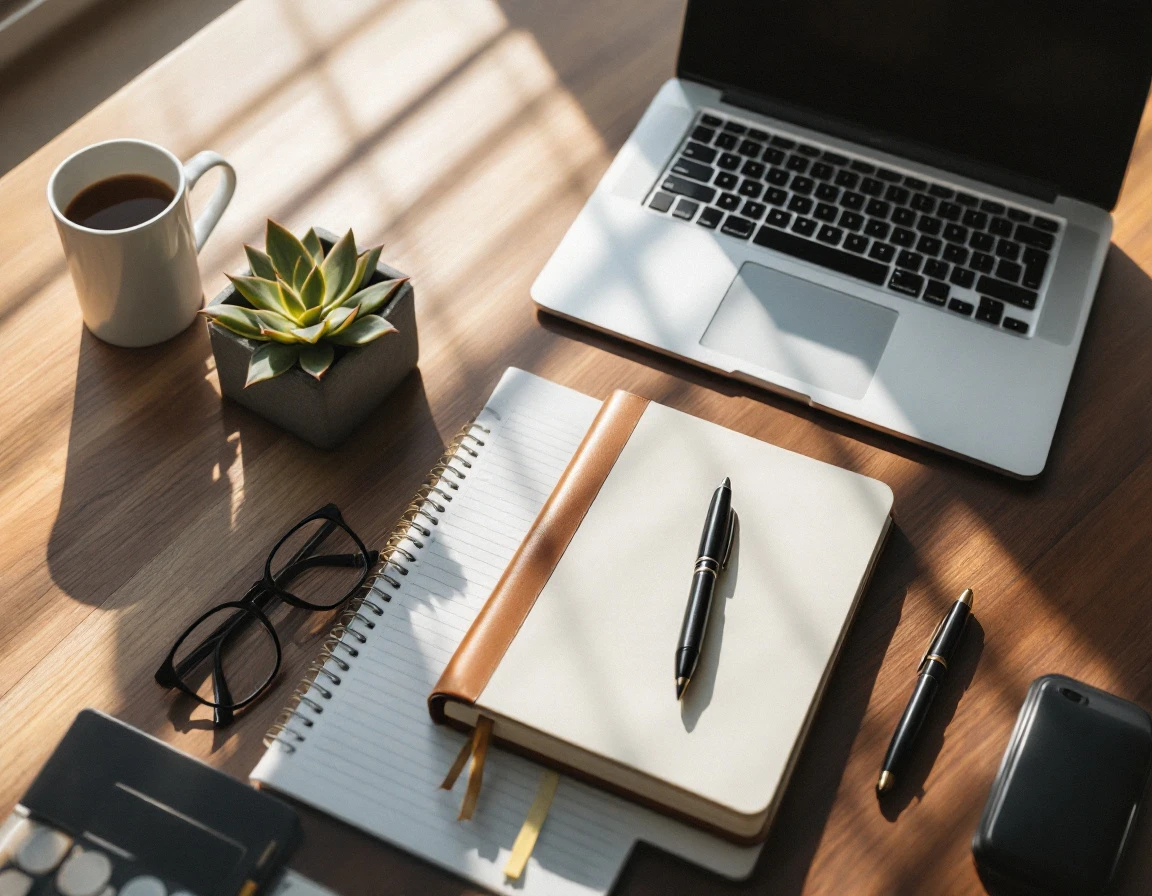 Clean commercial workspace with laptop, coffee, closed notebook, and succulent plant on wooden desk