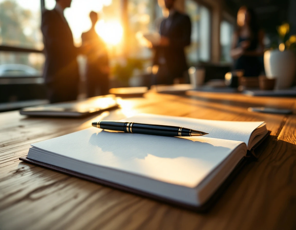Blank leather journal and pen on wooden desk with warm sunlight and blurred office background
