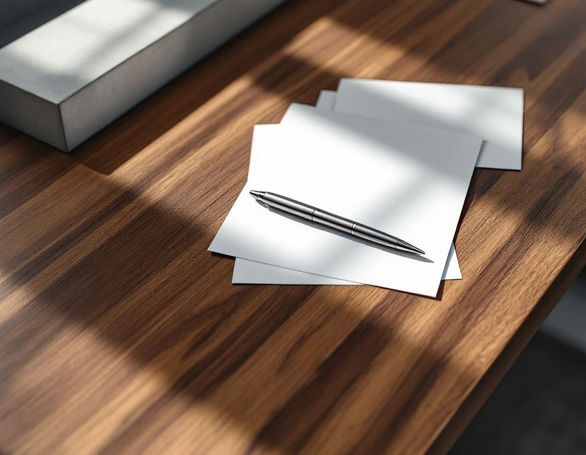 Modern commercial desk surface with wood grain, metal pen, and geometric architectural elements in natural light