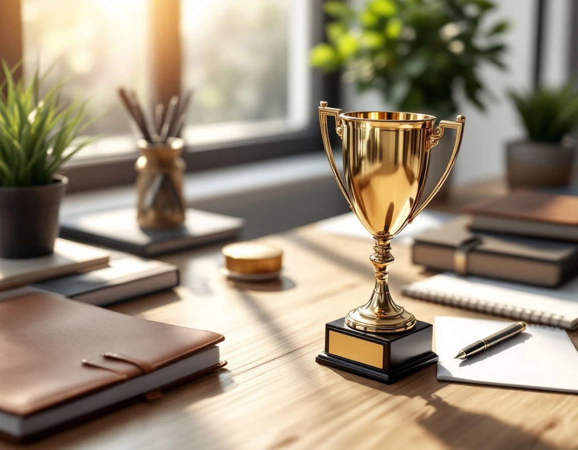 Brass trophy on organized desk with business planning materials symbolizing sales pipeline success