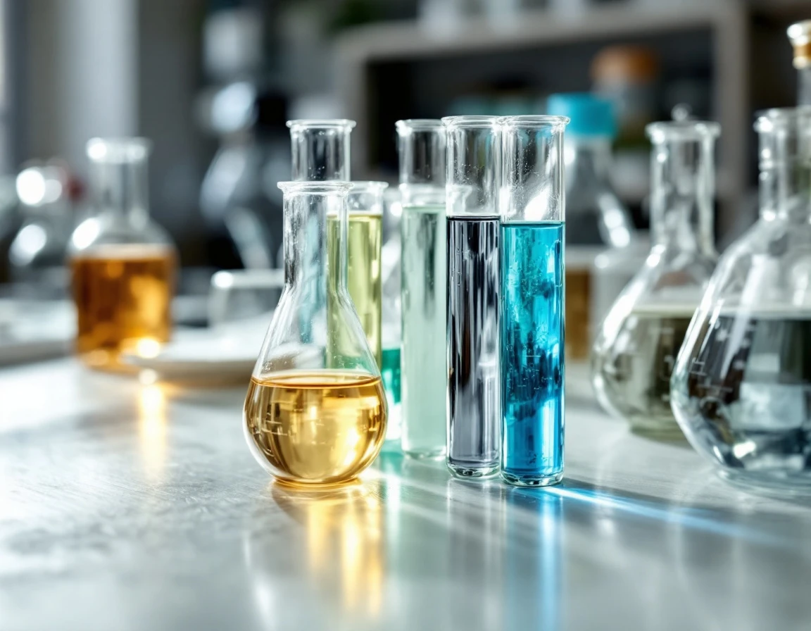 Laboratory test tubes with naturally colored solutions arranged on white counter showing authentic glass details
