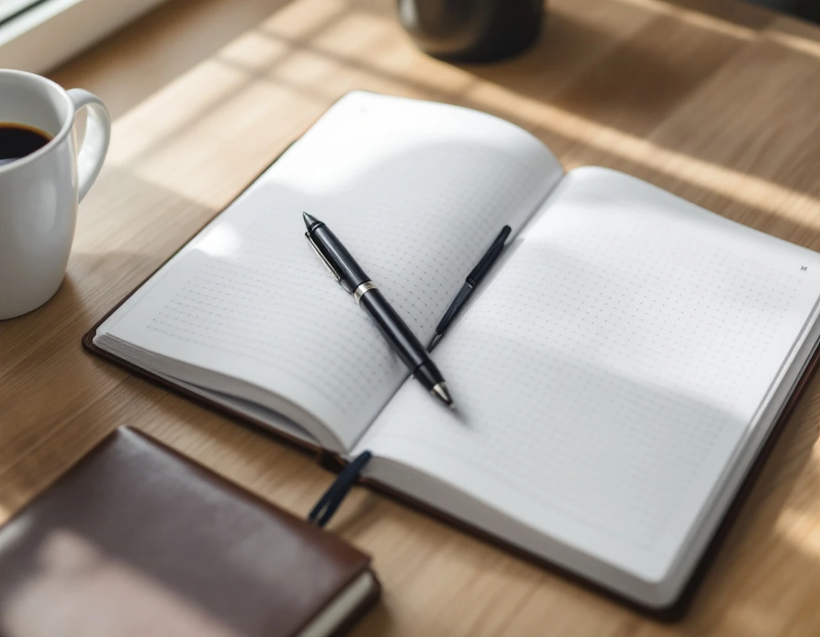 Overhead view of minimal desk workspace with blank planner, coffee mug, and pen showing organized planning workflow
