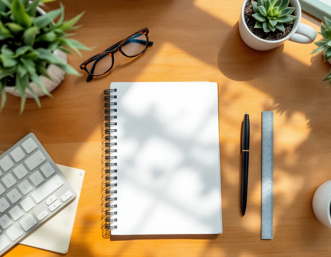 Organized desk workspace with notebook, coffee, glasses, and plant showing consistent daily routine