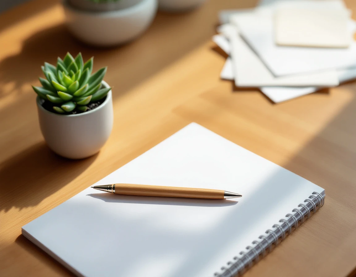 Clean desk workspace with blank notepad, plain wooden pen, and succulent plant in warm natural light