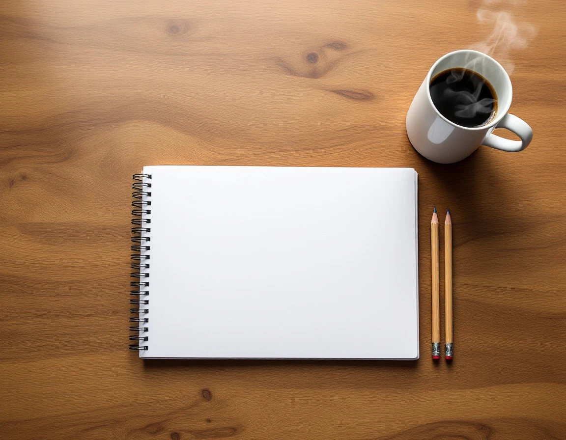 Blank notebook on wooden desk with coffee and pencils in natural window light