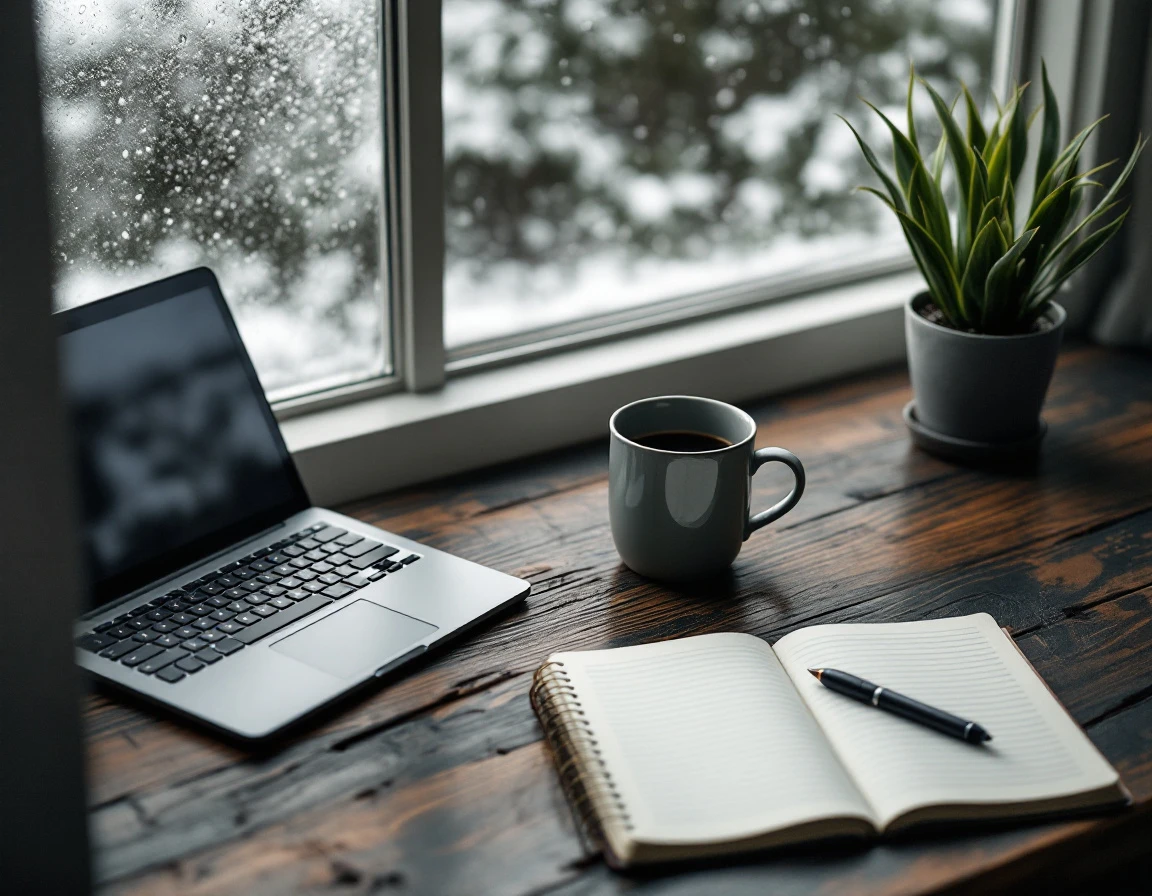 Empty desk with closed laptop and coffee mug suggesting pause between customer follow-up tasks