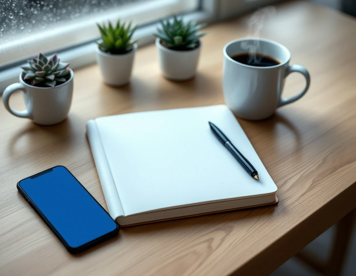Organized desk workspace with closed notebook, coffee, smartphone, and plants in natural window light