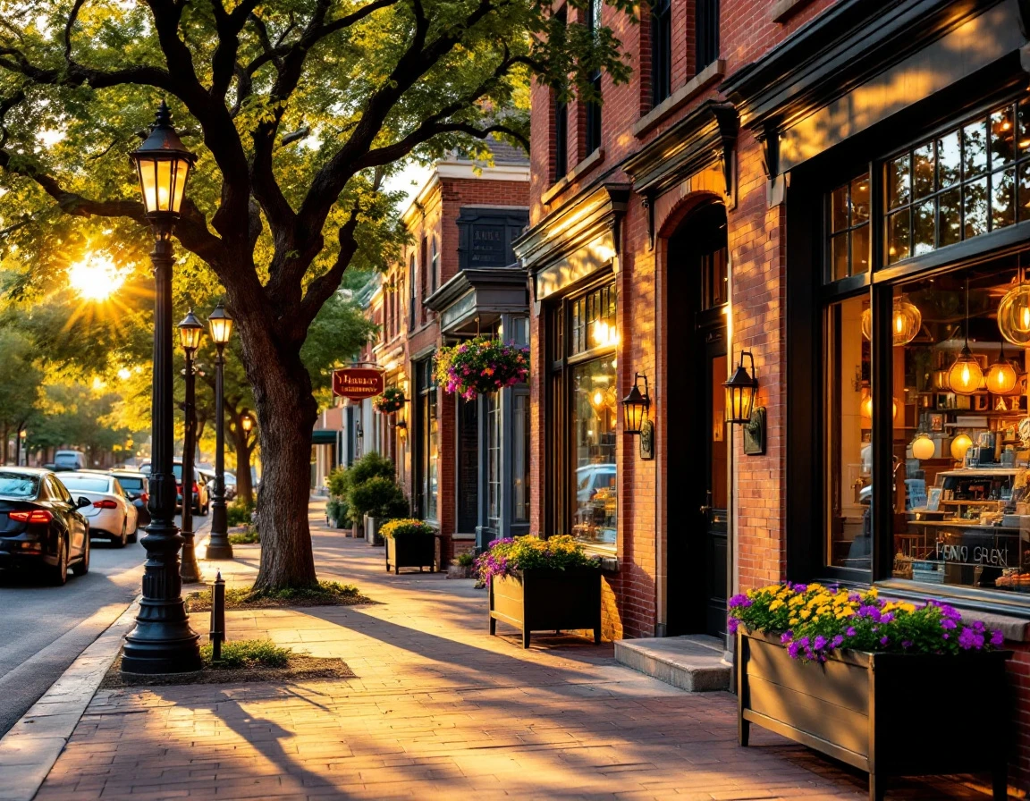 Local commercial storefronts on a tree-lined street during golden hour with natural lighting and flowers
