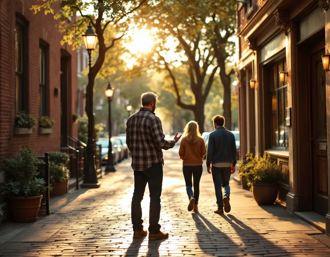 Small business owner greeting returning customers on charming street during golden hour