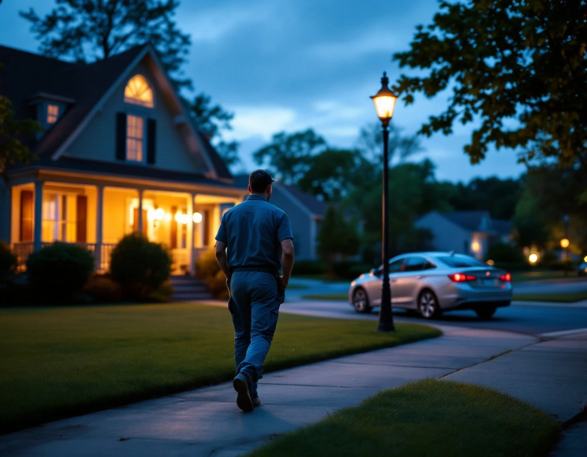 Service worker approaching residential home at dusk with unmarked vehicle parked on quiet suburban street