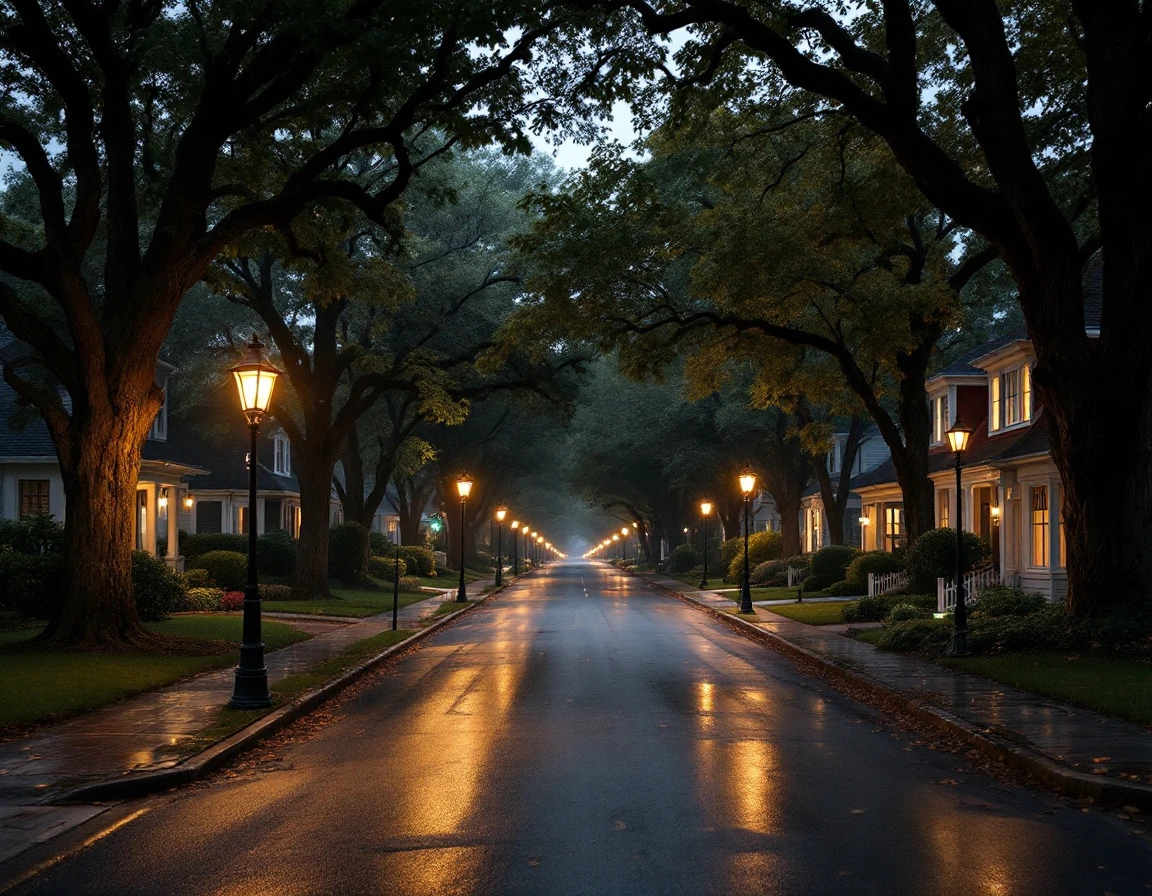 Quiet suburban street at dusk with glowing house lights and mature trees lining the residential neighborhood