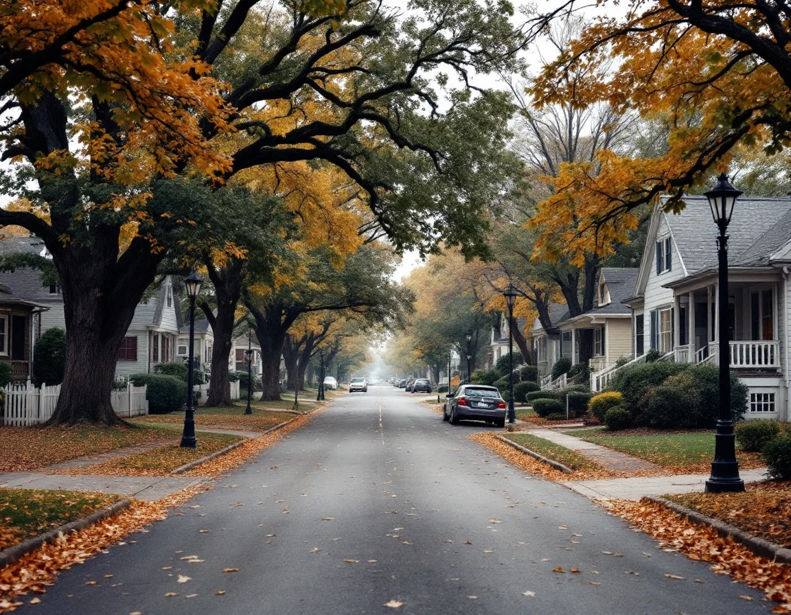 Established residential neighborhood street with mature trees and well-maintained homes in autumn light