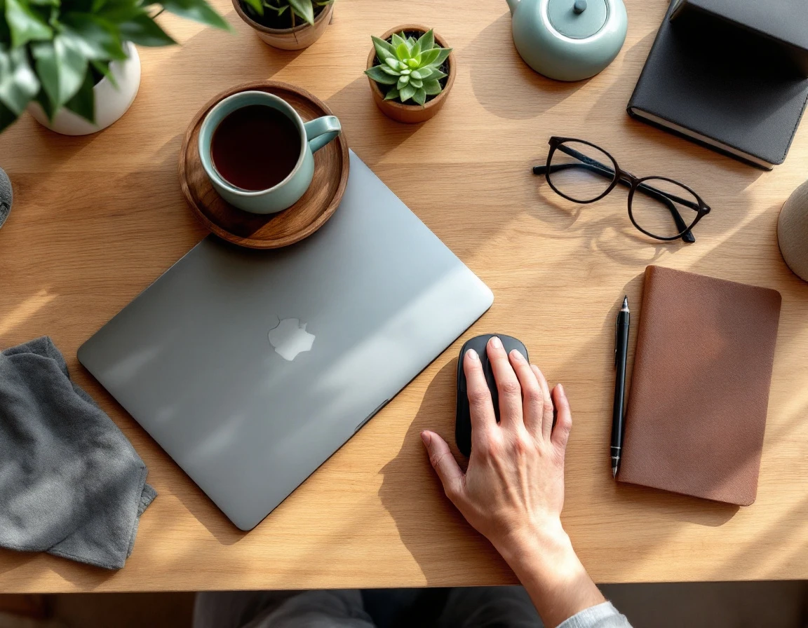 Workspace desk with closed laptop, notebook, and tea setup showing a professional evaluation environment